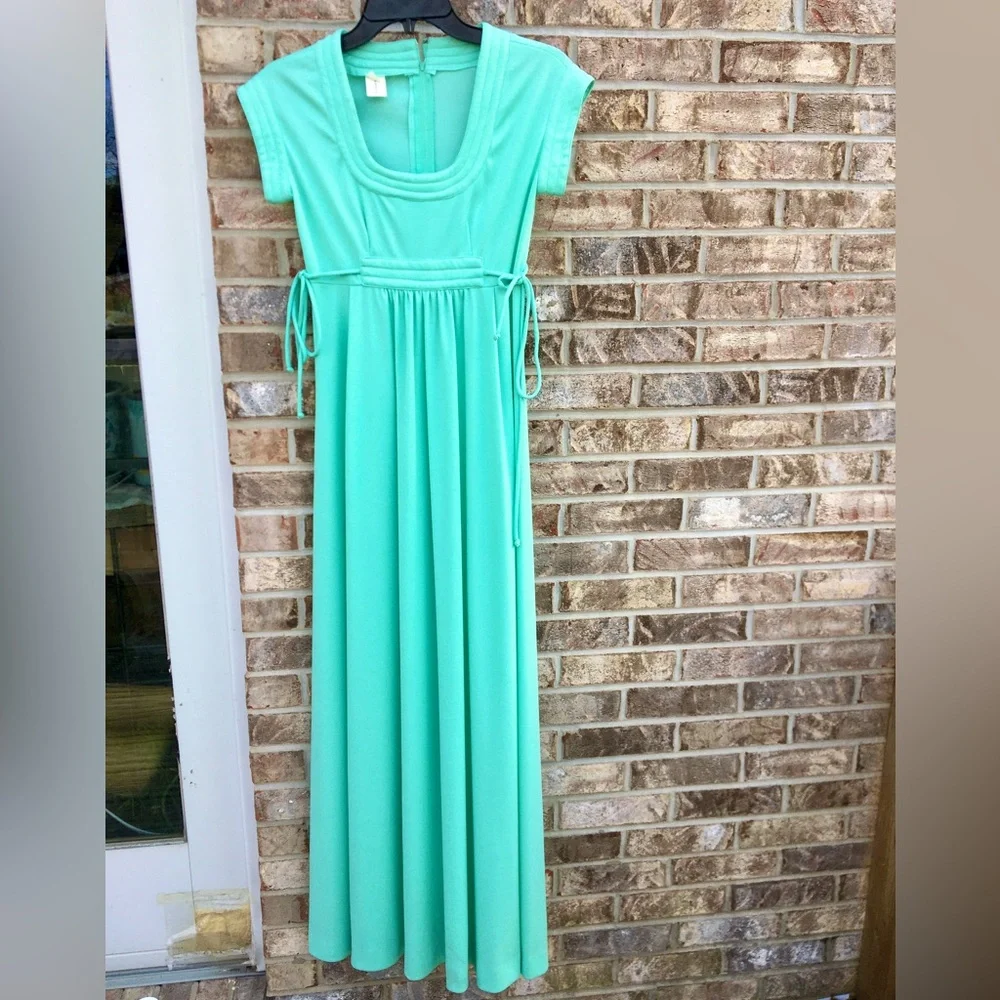 True 1970s Vintage Bridgerton Regency Cottagecore Mint Green Maxi Dress - Picture 5 of 12